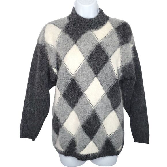 Vtg Angora Lambswool Diamond Argyle Sweater Small Petite Gray Cream - Picture 1 of 4
